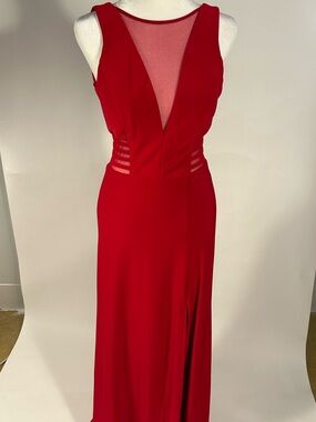Morgan & Co. Red Plunge Mesh Bodice Evening Gown size 3/4